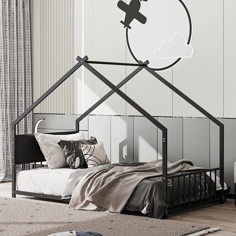 Twin Size Canopy House Bed with LED Lights, Metal Frame for Kids & Teens, No Box Spring Needed (Black)