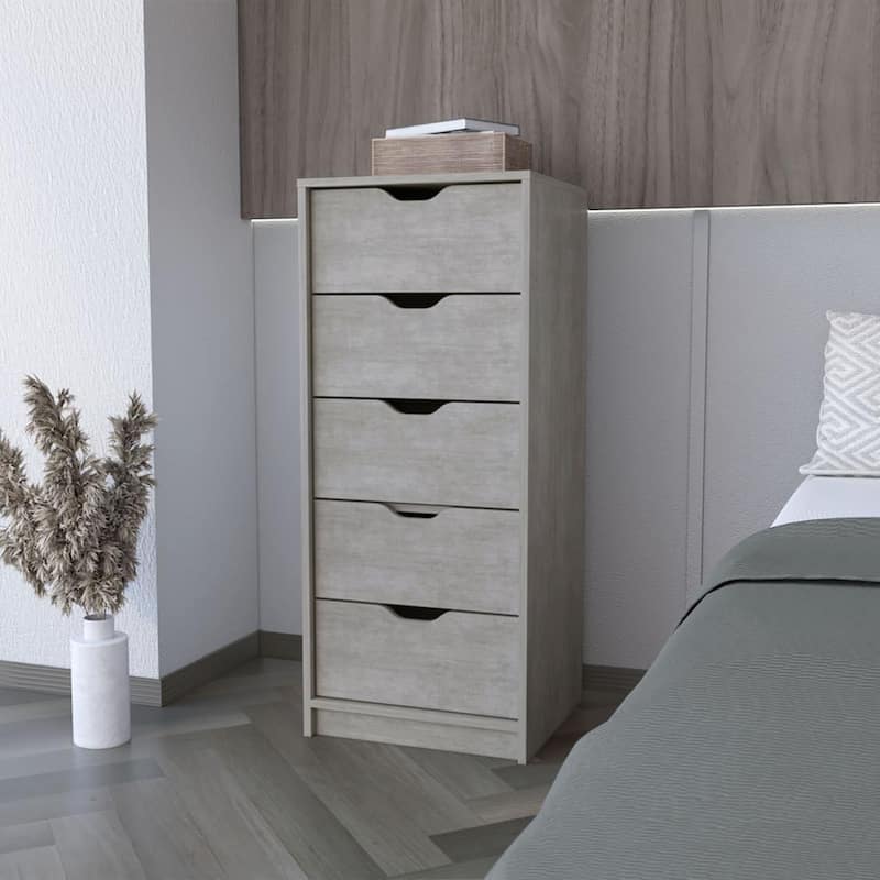 Compact Vertical Wood Dresser with 5 Drawers Slim Chest of Drawers for Bedroom or Office Use
