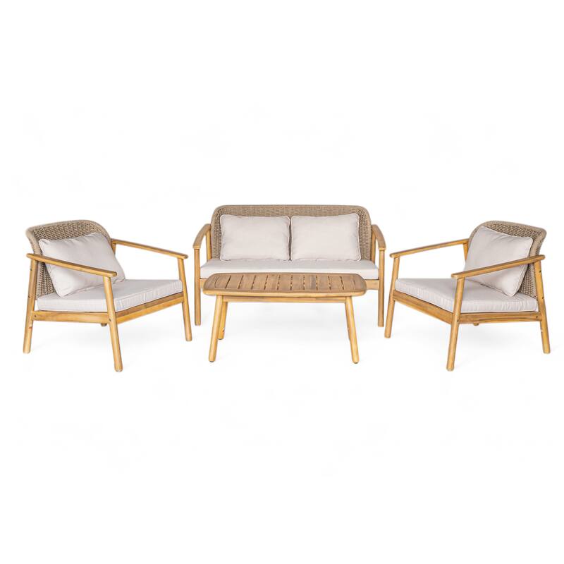 Christopher Knight Home - Camille 4-Piece Outdoor Acacia Wood Conversation Set with Woven Rope Backrest & Coffee Table