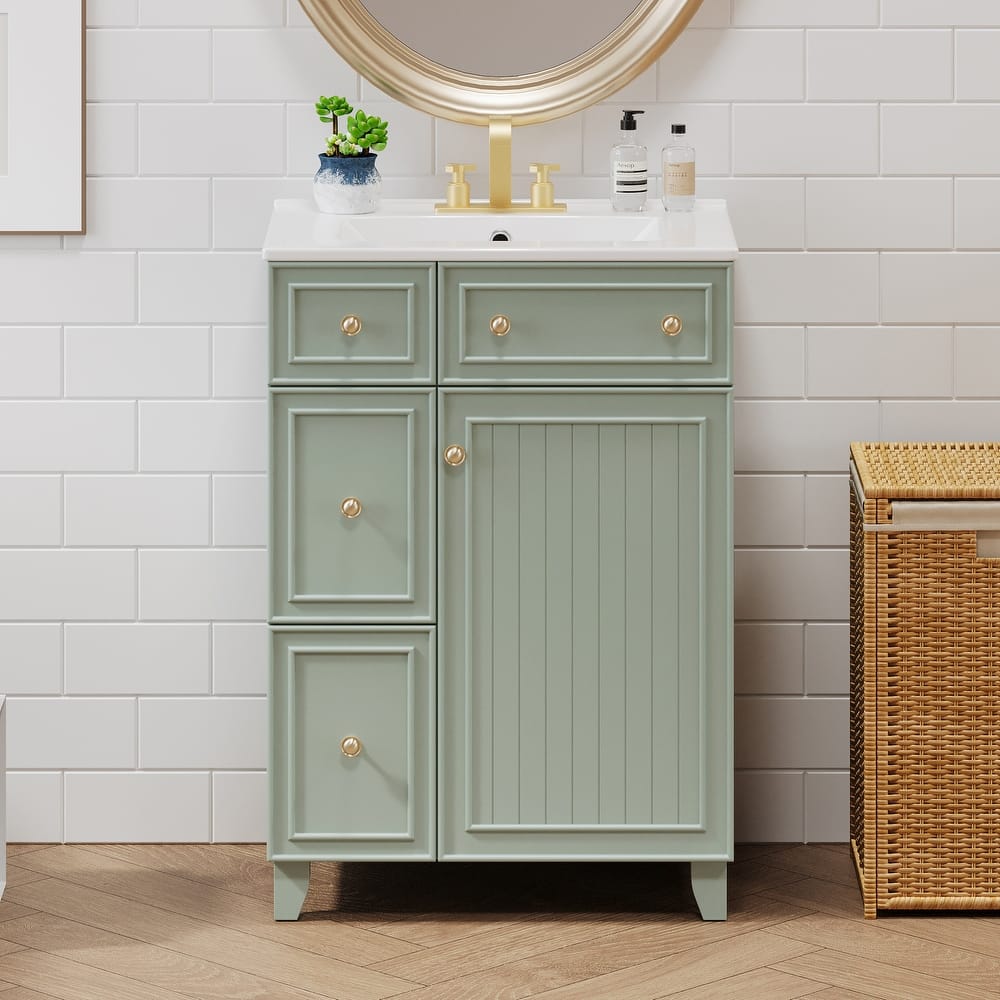 Compact Groove Design Storage Cabinet Bathroom Vanity with Ceramic Sink, Vertical Stripe Door, 2 Drawers and Round Handles