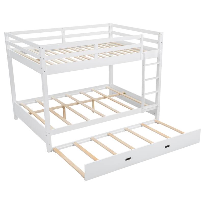 Roomfitters Queen Bunk Bed with Trundle, Solid Wood Frame, Space-Saving Ladder Design for Guest Room, White