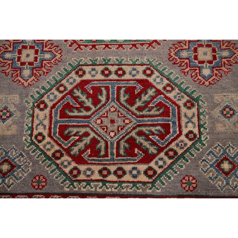 Gray Geometric Kazak Foyer Rug Hand-Knotted Wool Carpet - 3'5" x 4'11"