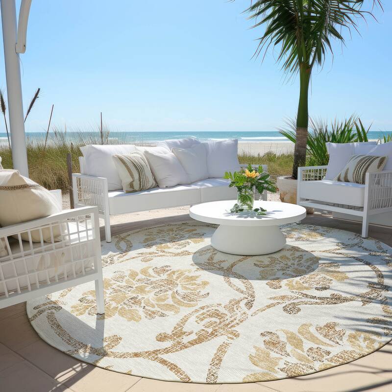 Machine Washable Indoor/ Outdoor Chantille Scroll Floral Rug - Ivory - 8' x 8'