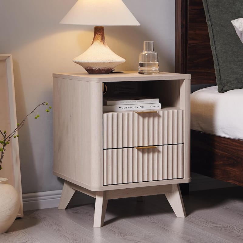Modern Fluted Nightstand with Faux Marble Top, Side Table, End Table - White Alder