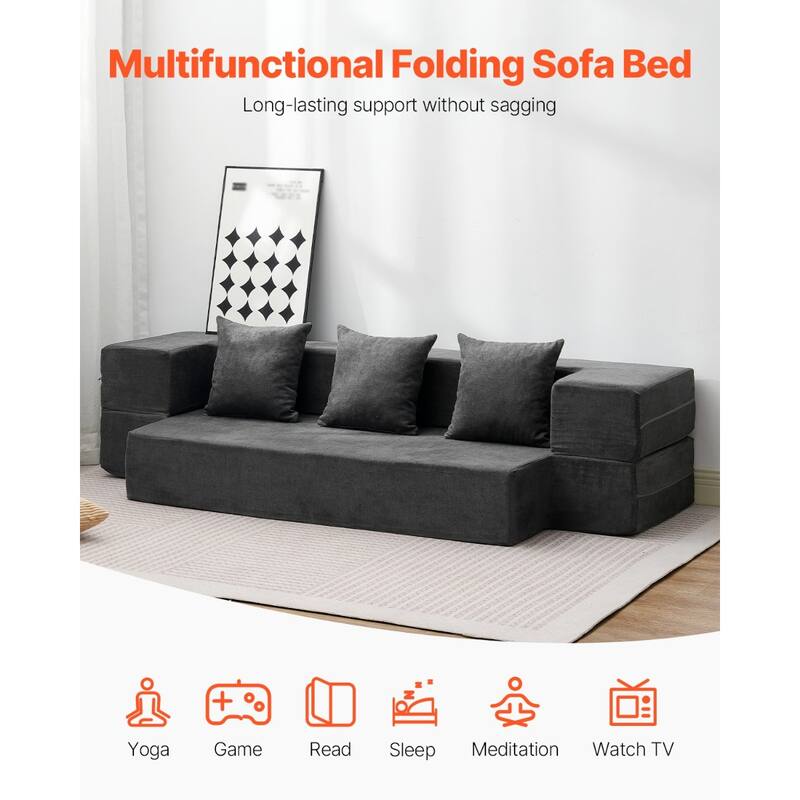 Dark Grey Twin Foam Fabric Foldable Sofa Bed with Pillows and Backrest - 40.55” L x 75.98” W x 8.86” H