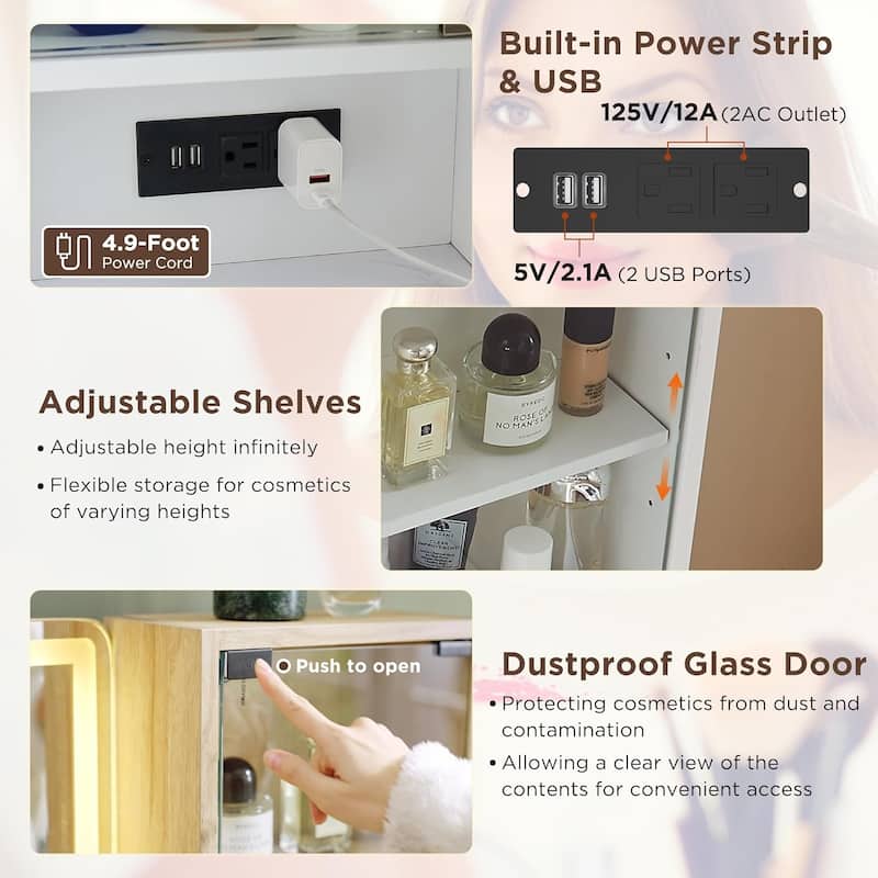 Modern Fluted Makeup Vanity Desk with Mirror, Lights, Charging Station