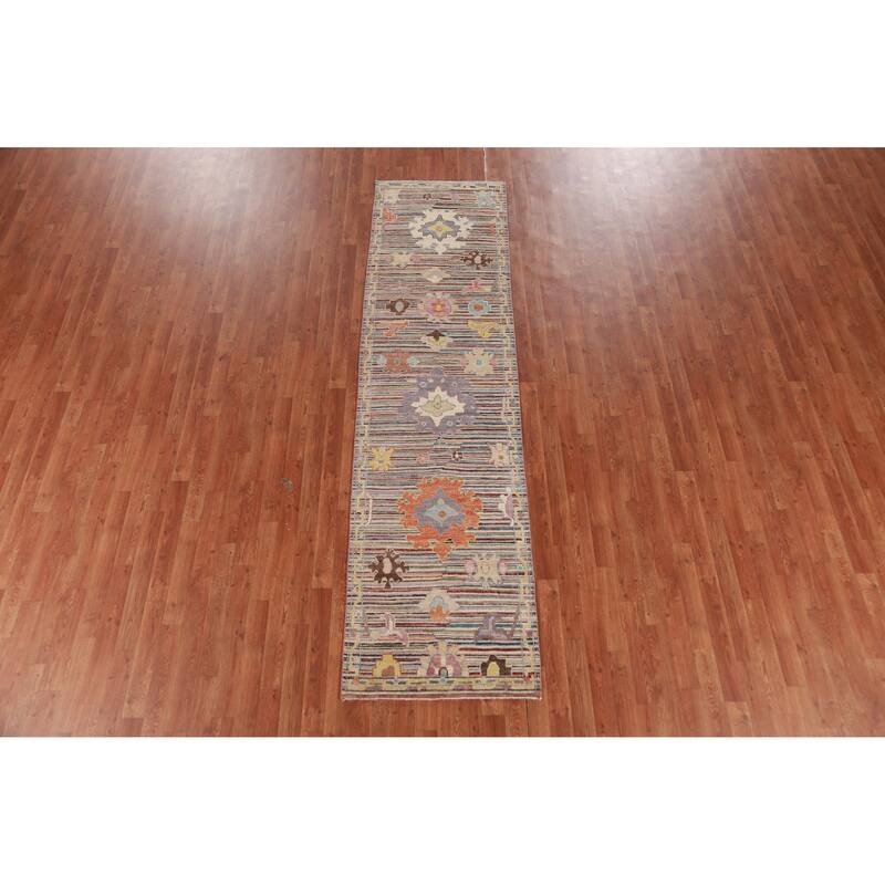 Hand Knotted Oriental 100% Wool Carpet Transitional Floral Multi-Colored Oushak Runner Rug - 9' 9'' X 2' 7''