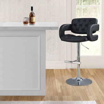 Adjustable Swivel Pub Bar Stool with Chrome Base, Black Faux Leather Seat and Footrest, Contemporary Counter Chair