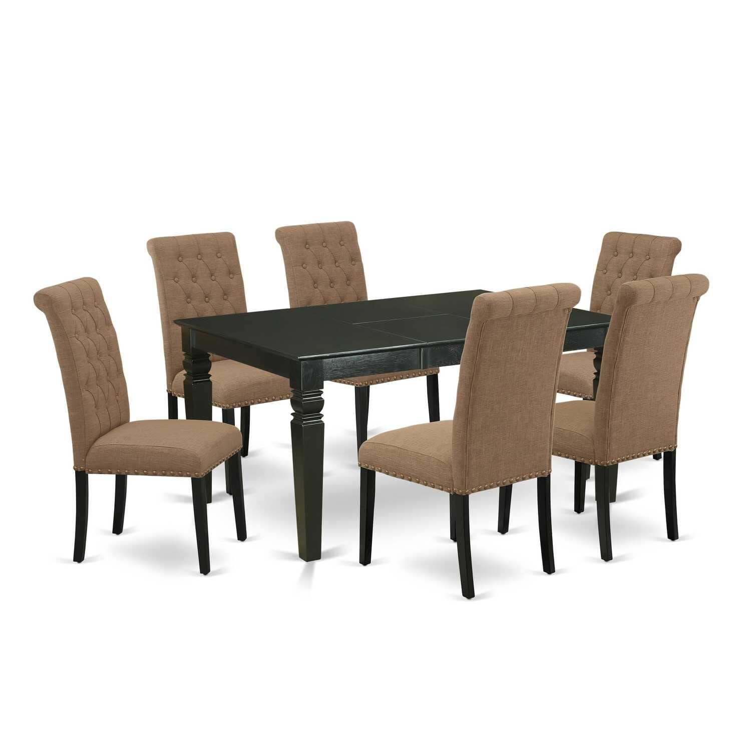 7Pc Dinette Set - Kitchen Table with Leaf & 6 Parsons Chairs - Black & Light Sable - 60