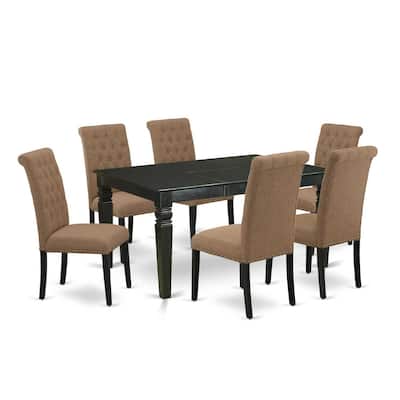 HomeStock 7-Piece Rectangle Black Finish Solid Wood Top Dining Table with 6 Parson-Chairs with Butterfly Leaf Lattice Back