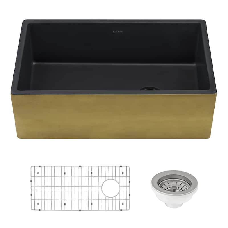 Ruvati 30-inch Matte Black and Gold Fireclay Modern Farmhouse Offset Drain Kitchen Sink Single Bowl RVL4018GRG - 8' x 11'