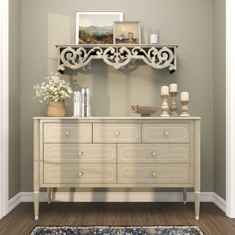 Beige Wooden 1 Shelf Scroll Room Wall Shelf with Gray Distressing