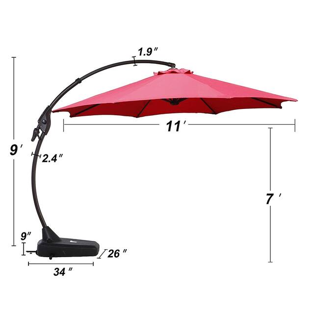 Clihome Aluminum Curved Cantilever Patio Umbrella with Base - 11ftRed