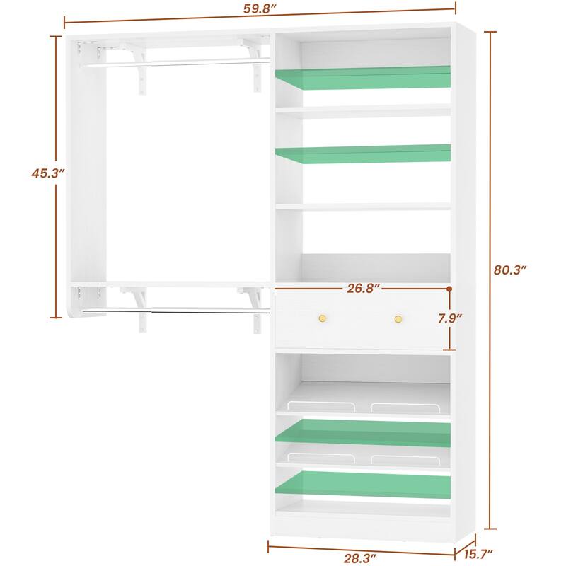 5FT Wood Closet System with 2 Hanging Rods ＆ Adjustable Shelf,Reversible Walk In Closet Organizers with Shoe Rack ＆ Drawer