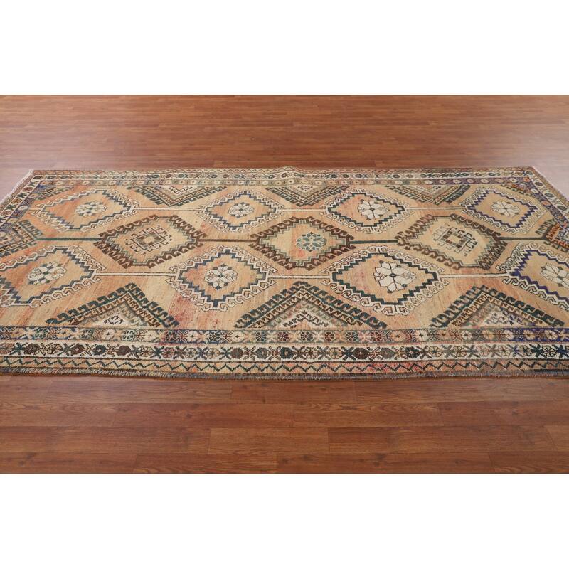 Orange Geometric Bakhtiari Persian Vintage Rug Handmade Wool Carpet - 5'0" x 10'0"