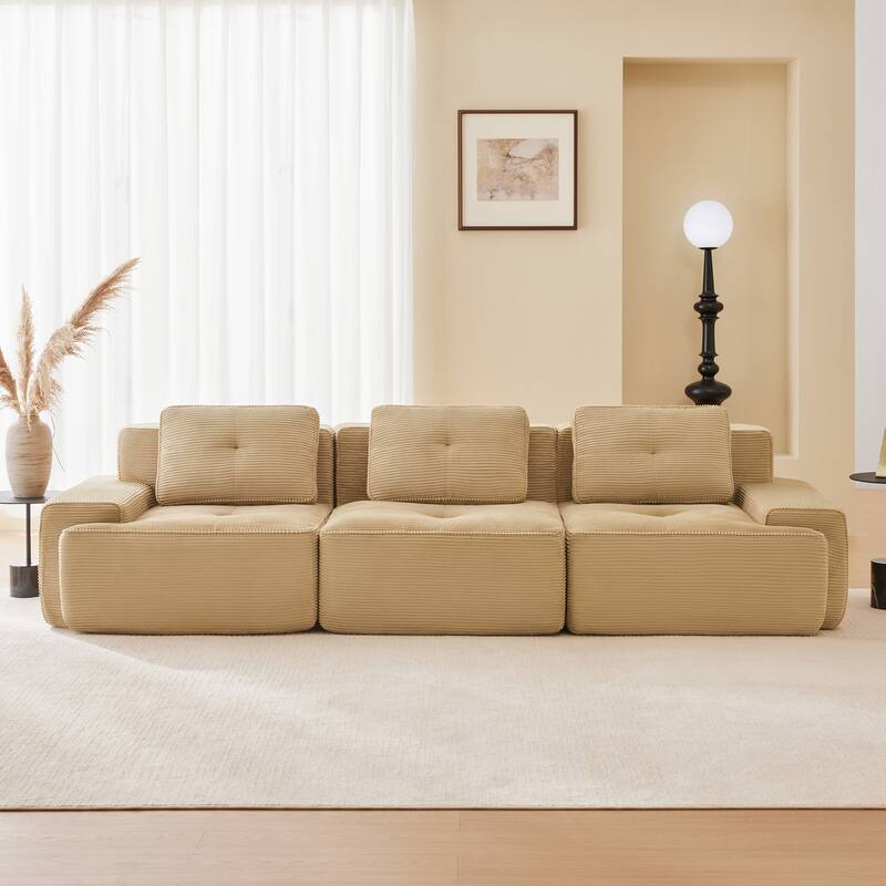 117" Floor Corduroy 3-Seater Sectional Sofa Couch with Tufted Design - Camel