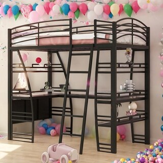 Twin Size Loft Bed with 4 Layers of Shelves and L-shaped Desk,Stylish Metal Frame Bed with a set of Sockets,USB Ports,Black