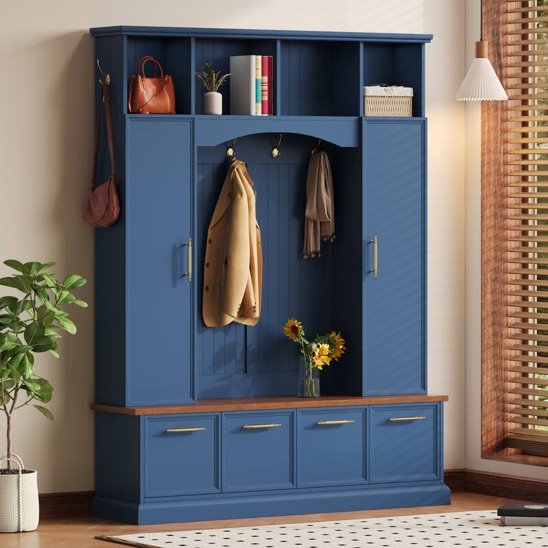 59" Farmhouse Hall Tree - 4-in-1 Entryway Bench with Golden Hooks, Adjustable Shelves & Shoe Storage - Blue