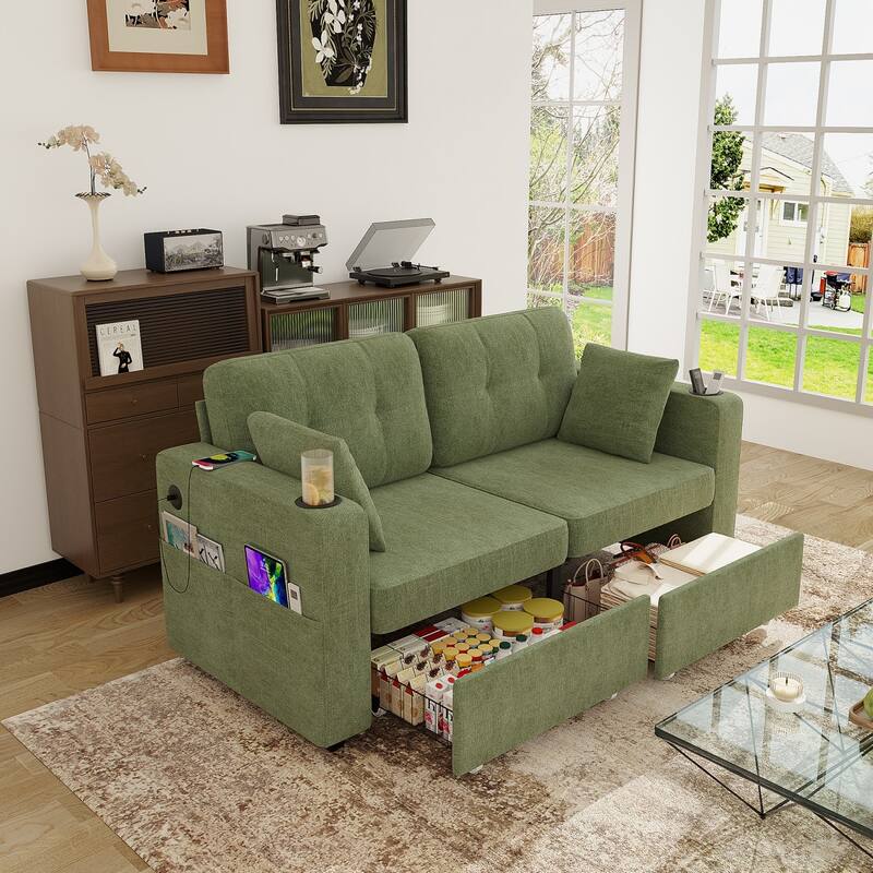 67.76" Chenille 3-Seater Sofa with USB Ports and Storage - Olive