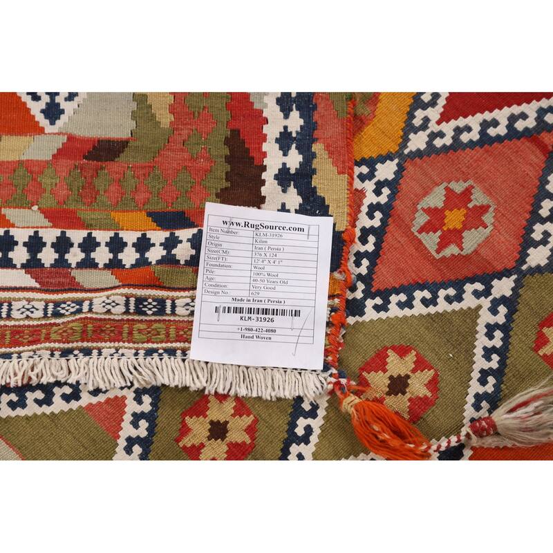 Kilim Persian Vintage Runner Rug Flatweave Wool Carpet - 4'1"x 12'4"