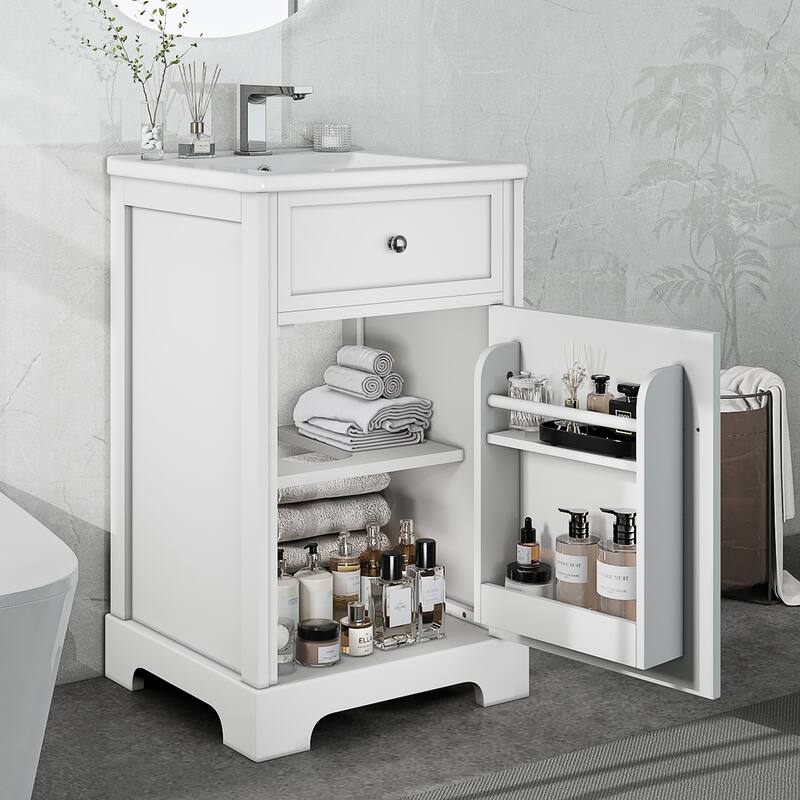 Bathroom Vanity with Ceramic Sink, Freestanding Bathroom Cabinet with Soft Closing Door, Storage Rack & Adjustable Shelves - White