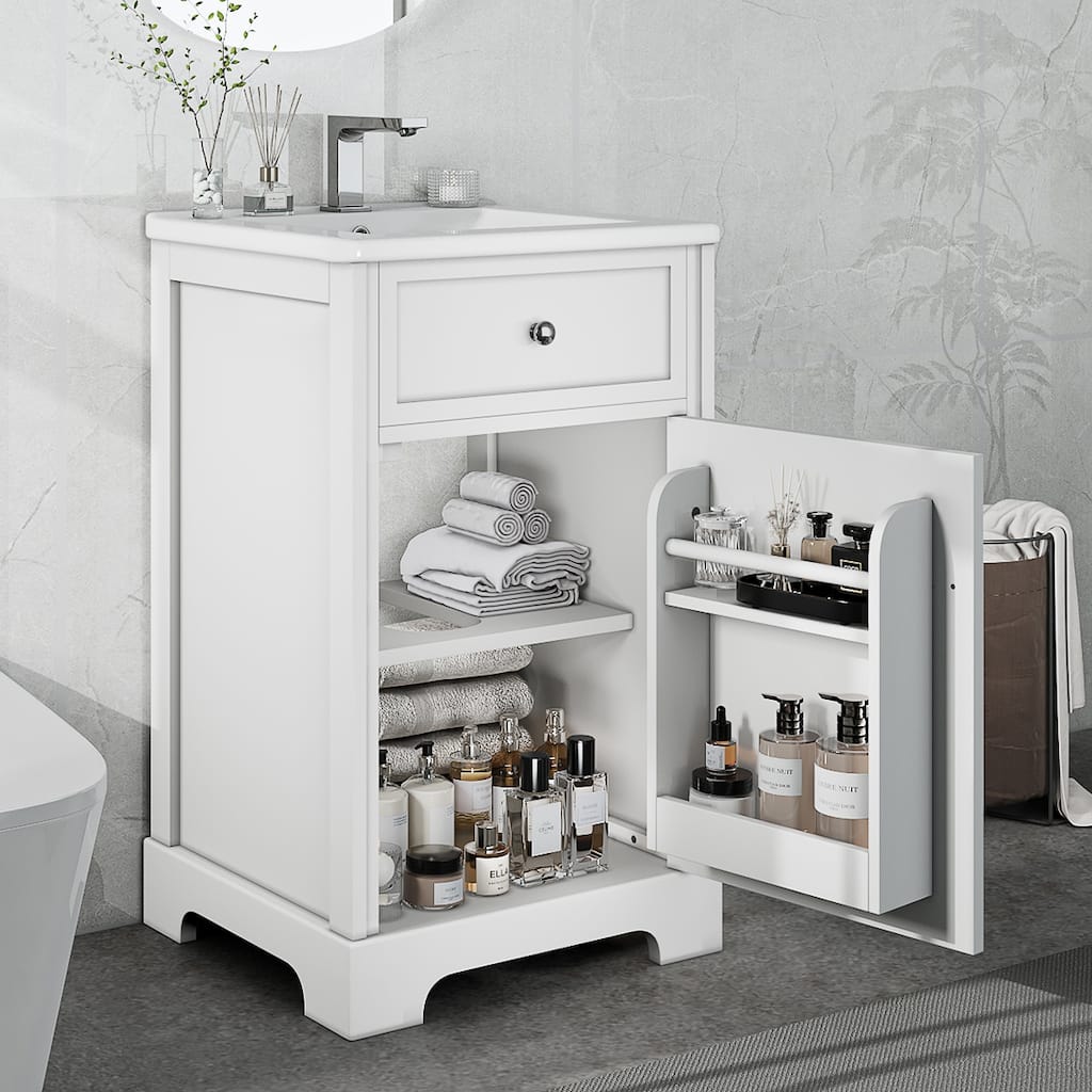 Bathroom Vanity with Ceramic Sink, Freestanding Bathroom Cabinet with Soft Closing Door, Storage Rack & Adjustable Shelves