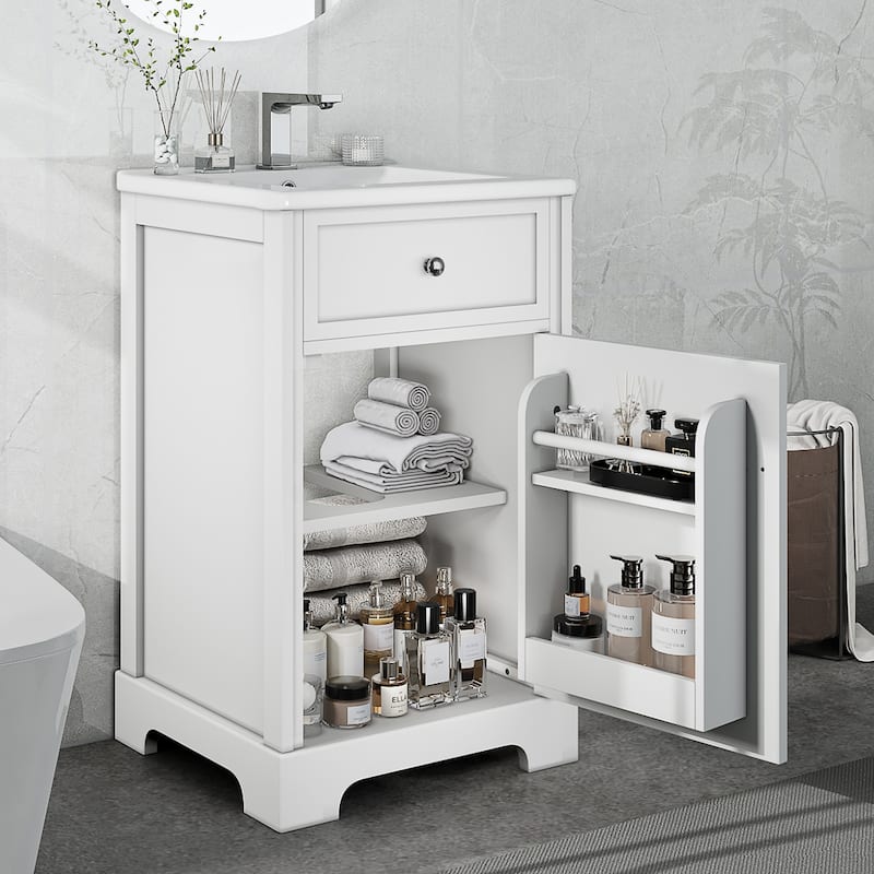 Bathroom Vanity with Ceramic Top Sink, Bathroom Cabinet with Two-Tier Storage, Single Basin Vanity Set with Adjustable Shelves
