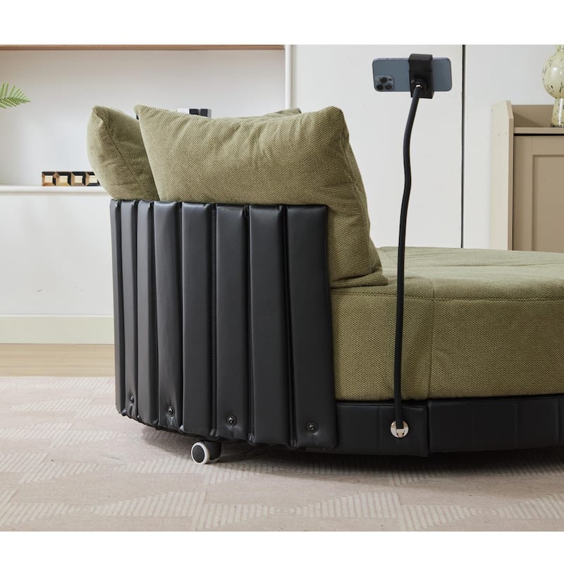 360° Swivel Barrel Chair Round Sofa Chair with Casters and Adjustable Phone Stand, Upholstered in Anti-Wrinkle Polyester Fabric