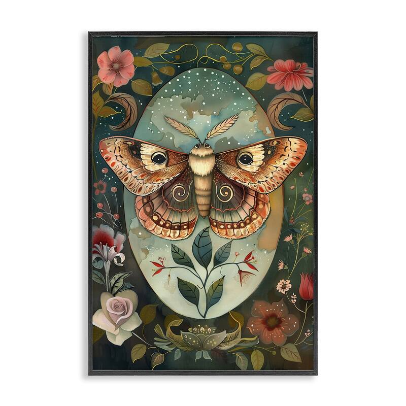 Stupell Moth with Blooming Florals Framed Giclee Art Design By The Dutch Lady - 16 x 24 - Black