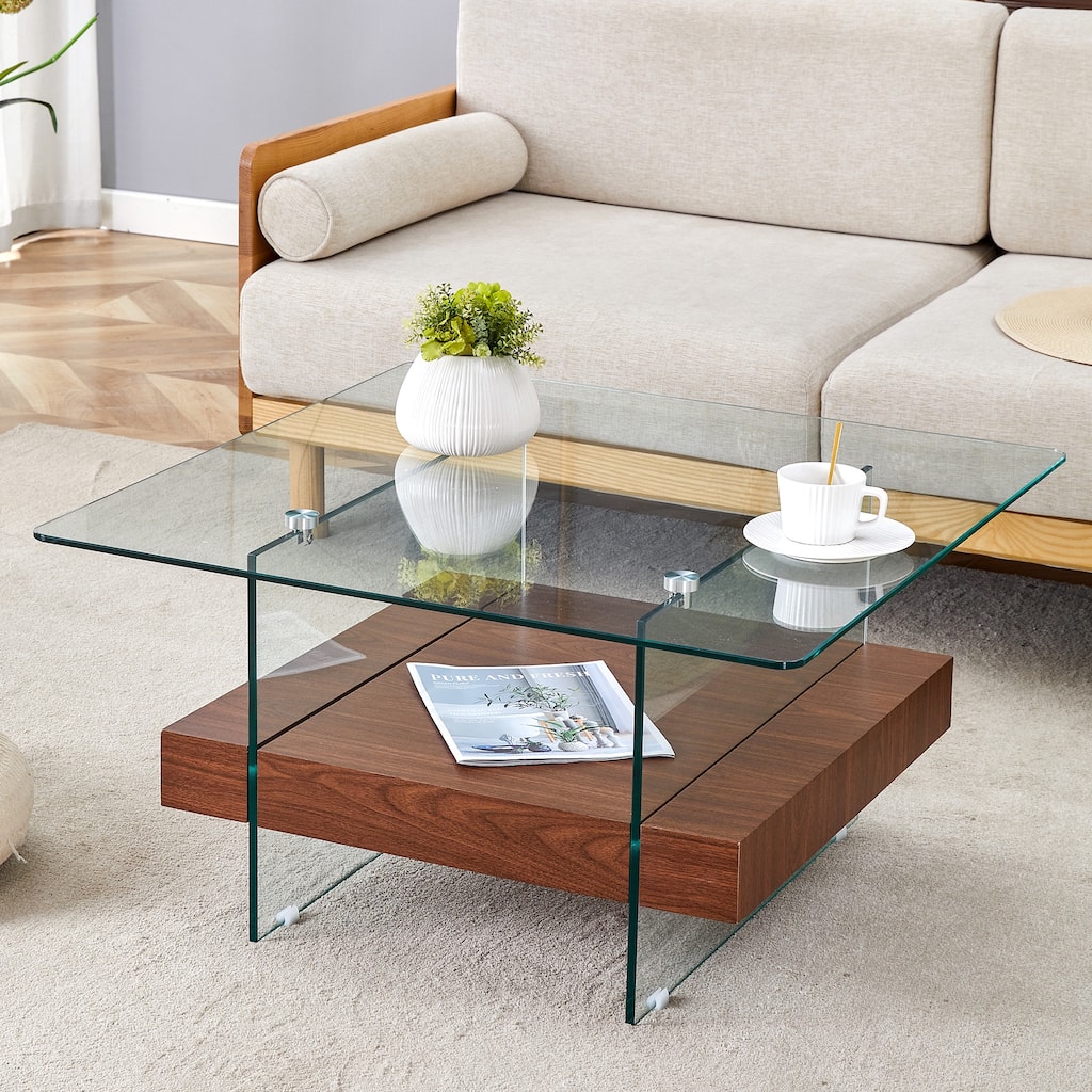 31.4 Inch Modern Two-Tier Square Coffee Table - An Elegant Combination of Clear Glass and Texture Sticker It can be used