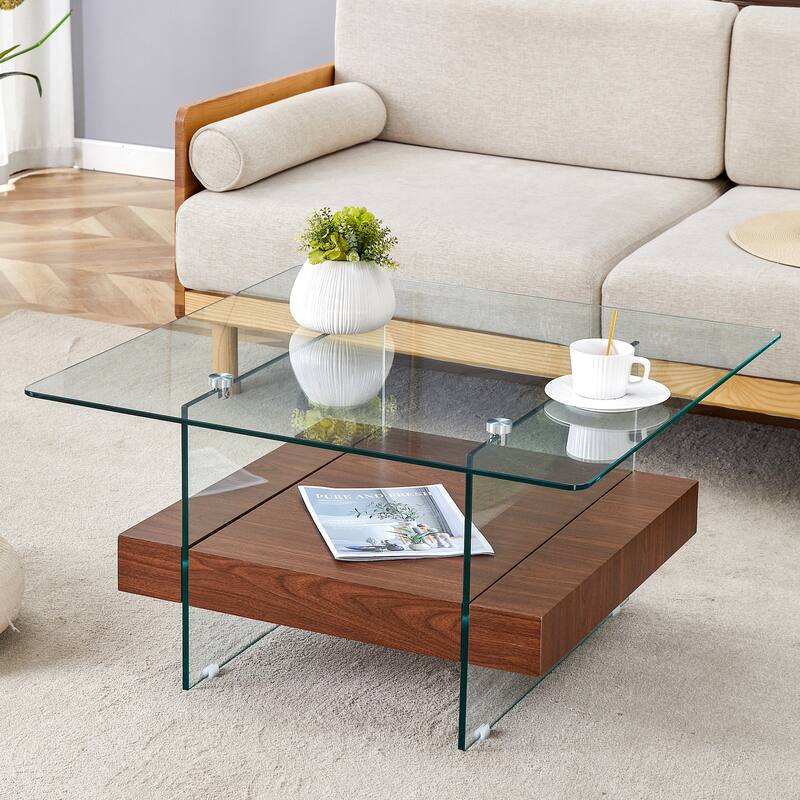 Roomfitters Square Glass Coffee Table with Walnut Finish, Two-Tier Modern Accent Table for Compact Spaces