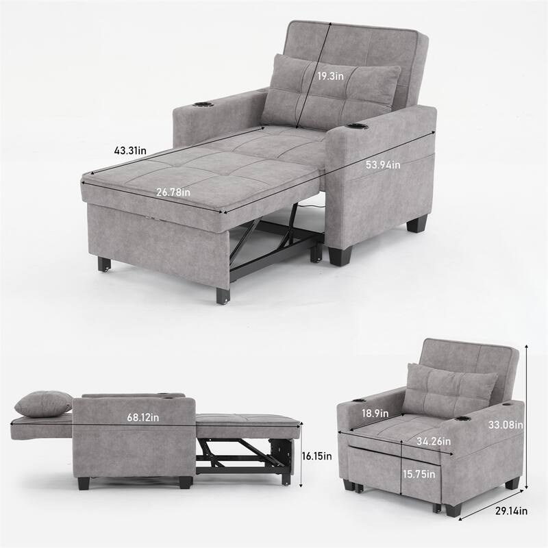 3-in-1 Pull Out Convertible Sleeper Chair w/ USB Ports,Wear Resistant