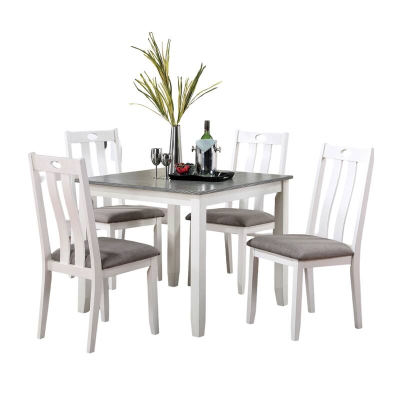 Modern White Solid wood 5pc Dining Set Table 4x Chairs Gray Fabric Cushions Seats Chairs Dining Room