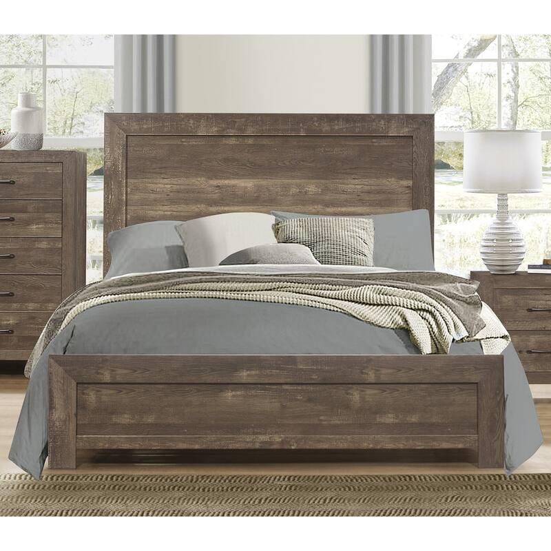 Rustic Brown Queen Size Wooden Bed with Headboard and Footboard