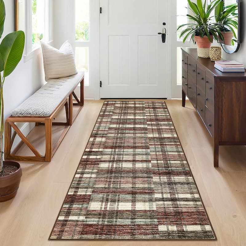 Area Rugs for Living Room Bedroom Modern Geometric Rug Low Pile Non Slip Farmhouse Plaid Carpet - Red - 2'x6'
