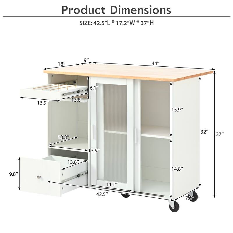 Rolling Kitchen Cart with LED Light, Fluted Glass Doors, Drop Leaf Top, and Adjustable Storage (White)