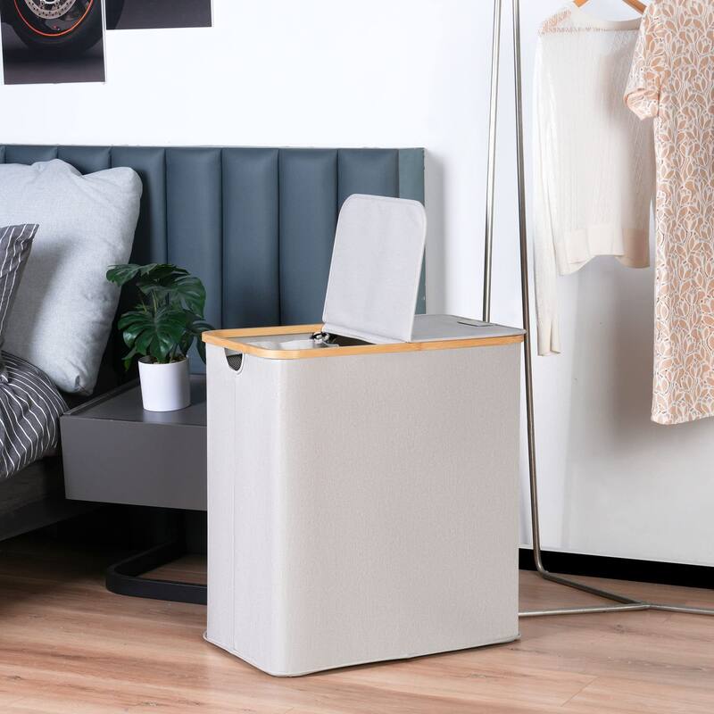 Double Laundry Hamper with Lid, Divided Laundry Hamper with Removable Bags, 2 Section Dirty Clothes Basket with Handles