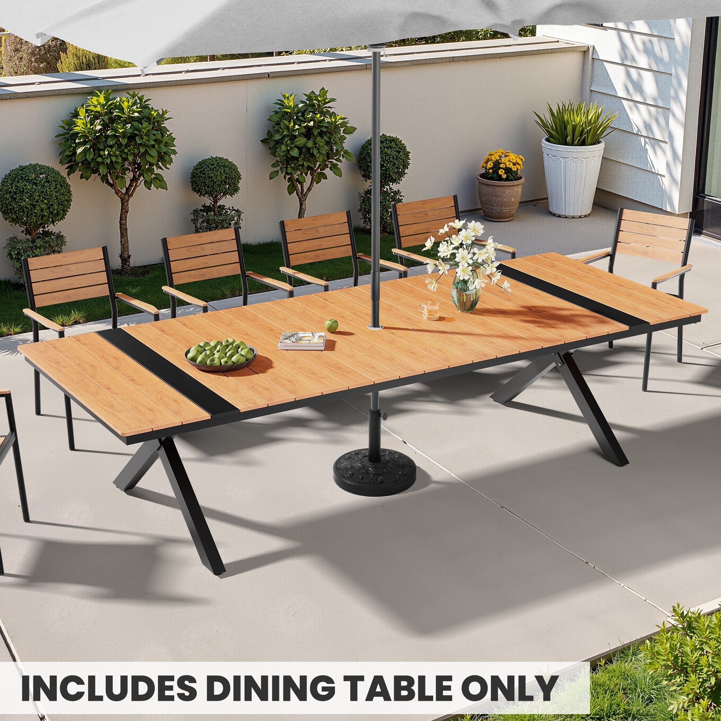 Outdoor All-Weather Aluminum Rectangular X-Shaped Dining Table with Umbrella Hole for 10-12 Person
