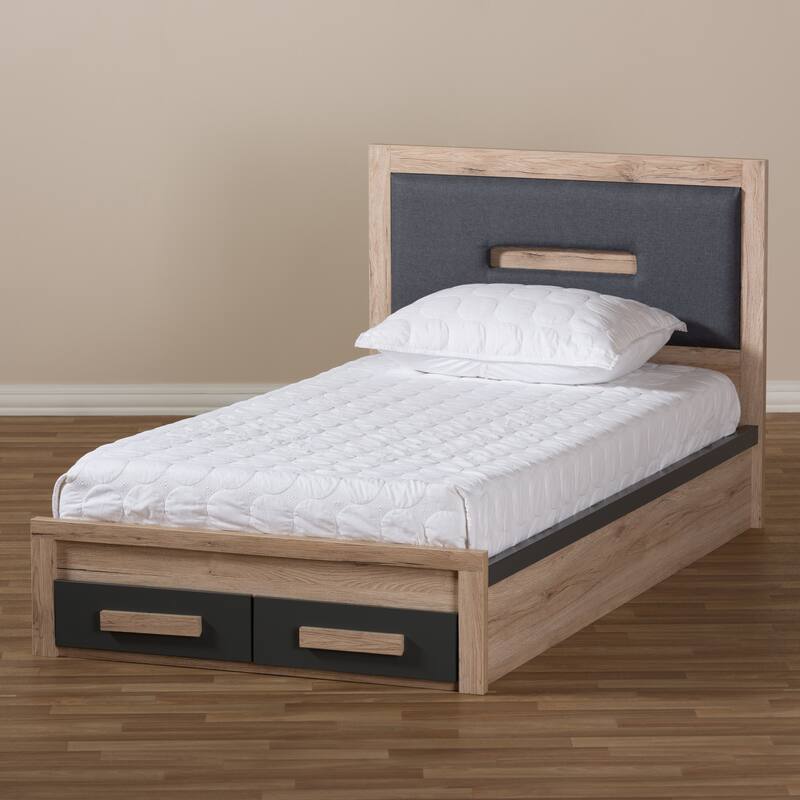 Twin Storage Bed with Drawers - Dark Grey & Brown Platform Bed Frame, Headboard Included