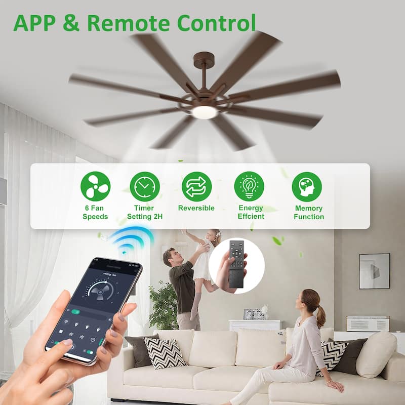 Modern 72 Inch 8 Blade Outdoor large Ceiling Fans with Lights: Dimmable Indoor Reversible 6 Speed Quiet DC Motor