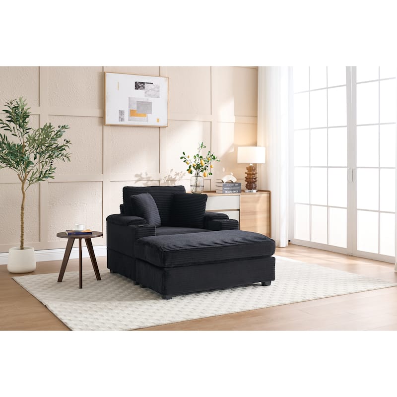 Corduroy Upholstered Chaise Lounge Sofa With Handrail Storage,Movable Ottoman,Cupholders,Detachable Cushions Deep Seat