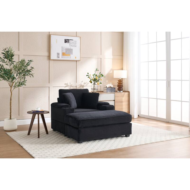 Corduroy Upholstered Chaise Lounge with Movable Ottoman, Living Room Storage Sofa Chair with Cup Holder, Detachable Cushions