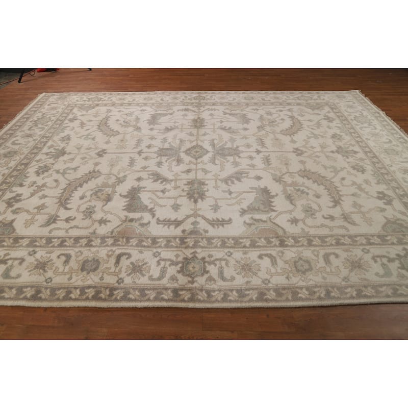All-Over Ivory Floral Oushak Indian Area Rug Handmade Wool Carpet - 8'4" x 11'10"