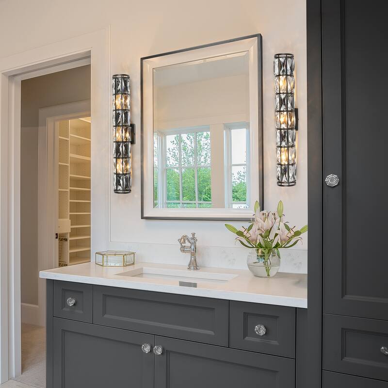 Aulia Modern Crystal 3-Light Glass Wall Sconces Black Bathroom Vanity Lights - 23.5'' L x 3.5'' W x 3.5'' H