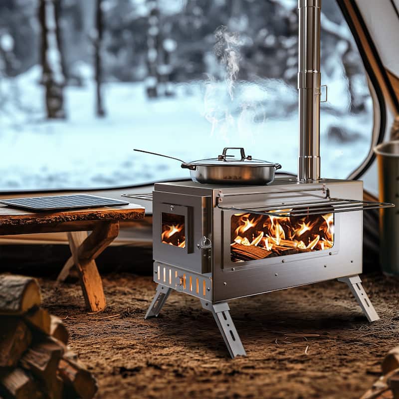 Large Camping Wood Stove, Portable Stainless Steel Hot Tent Stove with 7 chimney pipes