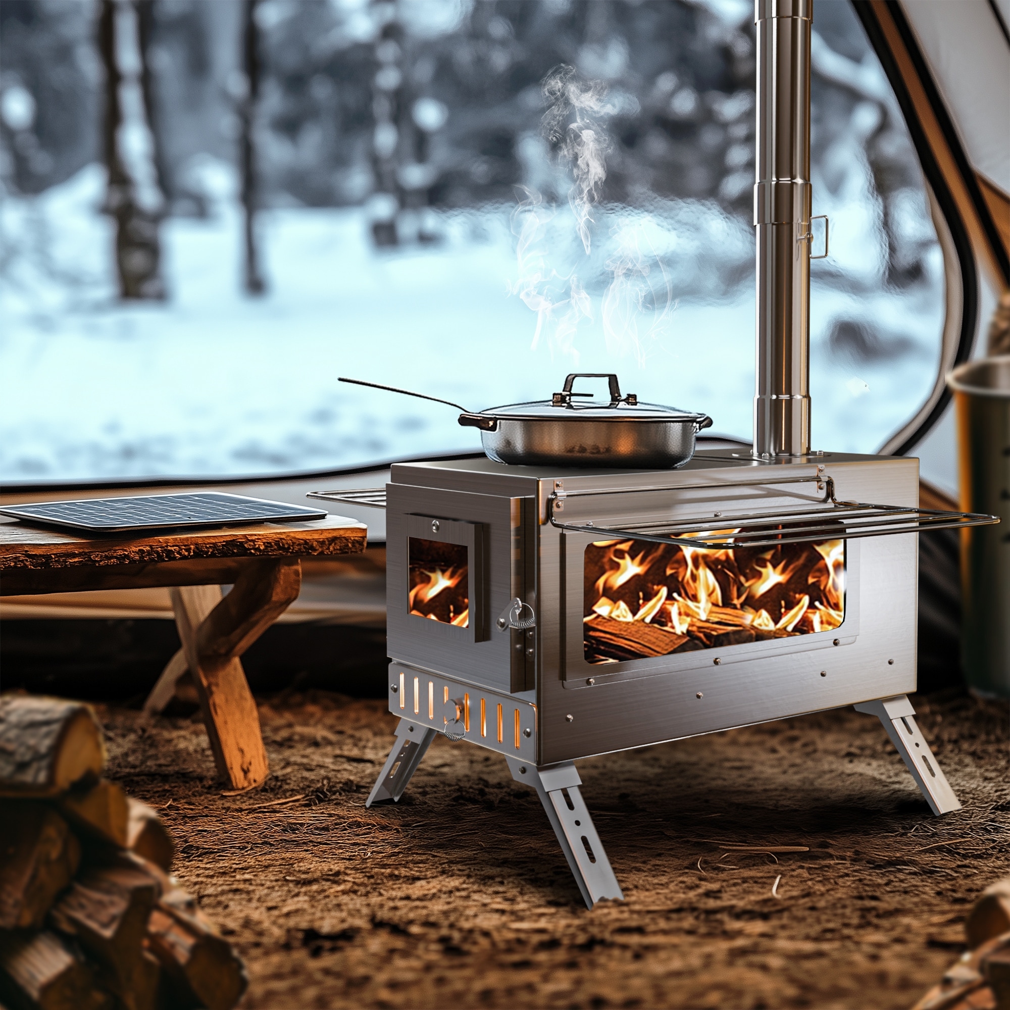 Large Camping Wood Stove, Portable Stainless Steel Hot Tent Stove with 7 chimney pipes