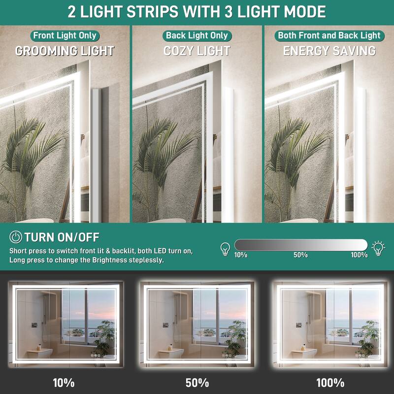 Durx-litecrete LED Wall Mirror Rectangular Frameless Dual Strips LED Bathroom Vanity Mirror