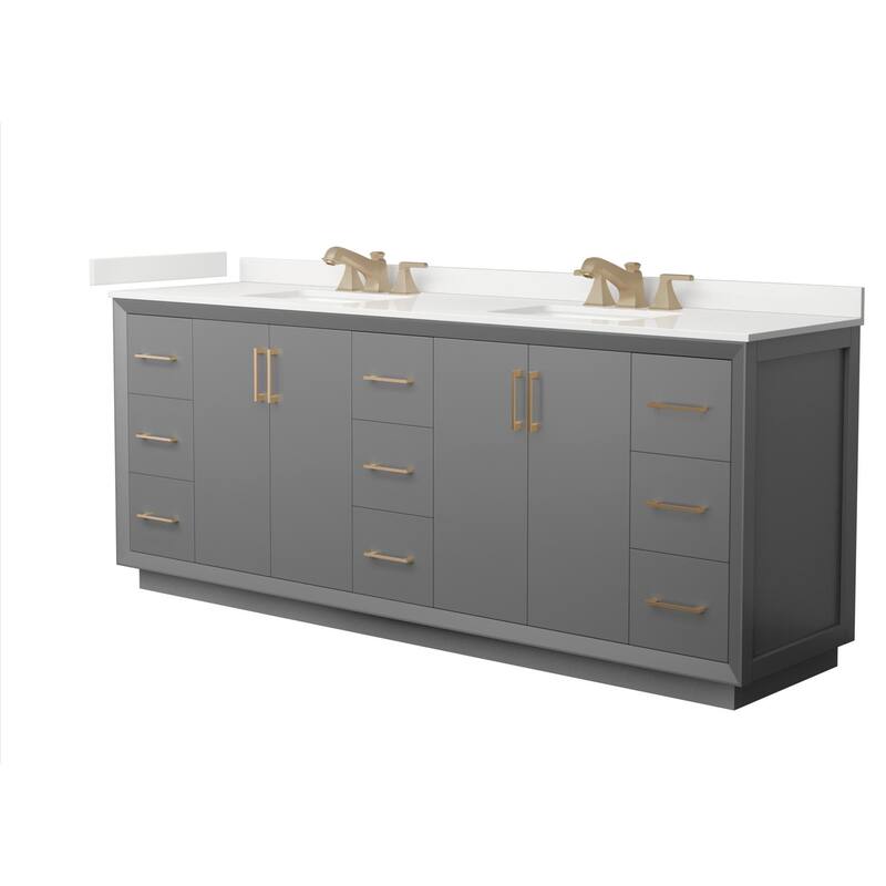Wyndham Collection WCF414184D-QTZ-US3MXX Strada 84" Free Standing - Dark Gray / White Quartz Top / Satin Bronze