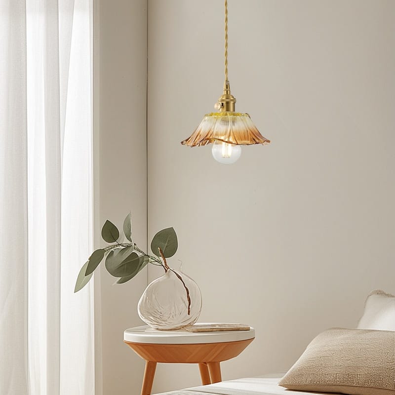 Modern 1 Light Gradient Amber Glass Pendant Light Electroplated Brass Ceiling Fixture