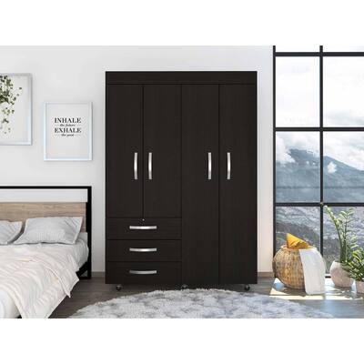 Particleboard Closet with 4 Doors, 3 Drawer and Movable Wheel , Armories with Clothes Hungong, Bedroom Furniture